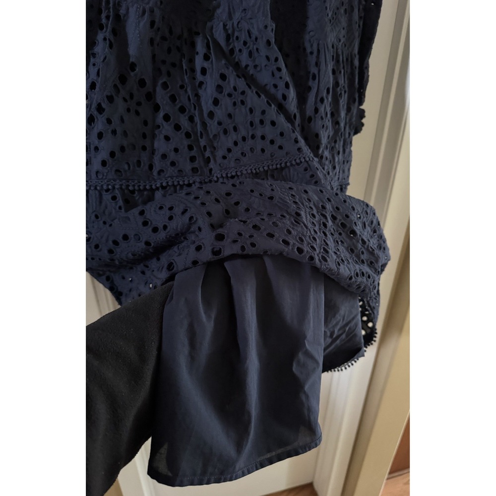 Chico's Navy Blue Eyelet Tiered Dress Size 14 100% Cotton, Lined, V-Neck - Picture 7 of 12
